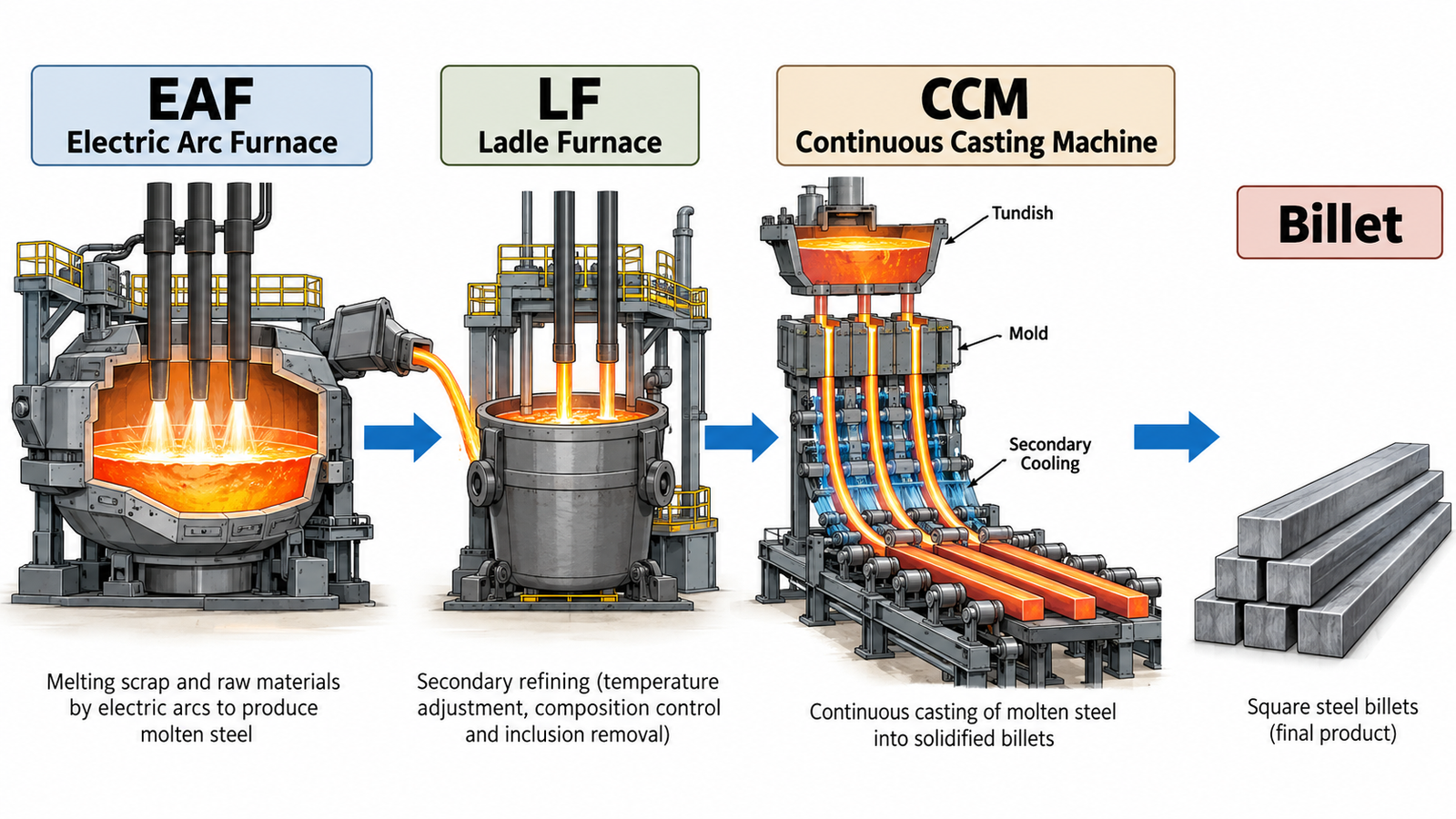 Steelmaking Process EAF to Billets